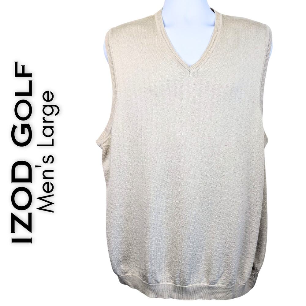 Izod Golf Mens Sweater Vest Large Beige 100% Cotton Lightweight Pointelle Preppy